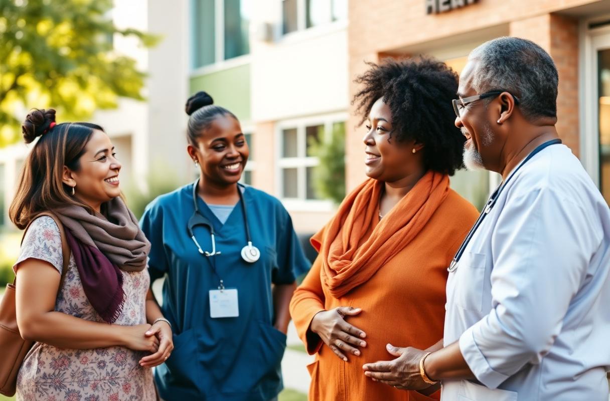 A diverse group including a caregiver and a senior patient sharing a warm conversation outside a clinic