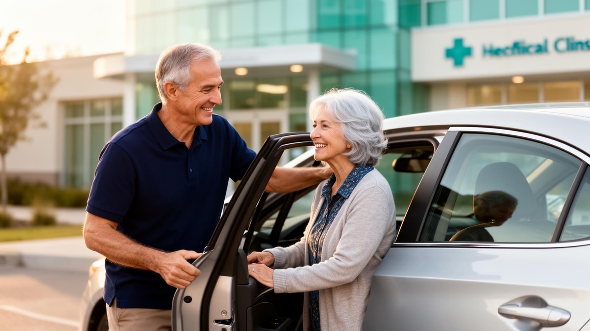 A friendly driver helping a smiling senior woman out of a clean sedan in front of a medical clinic