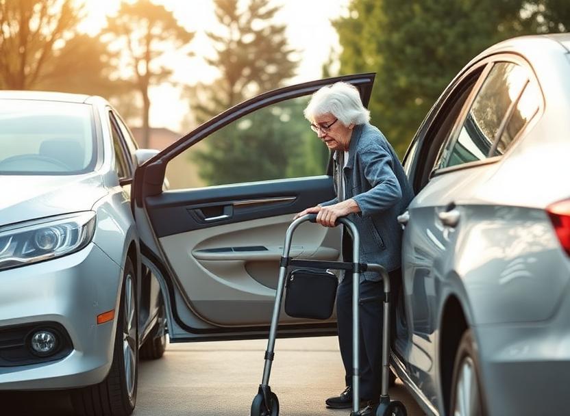 Driver helping a senior with a walker into a sedan