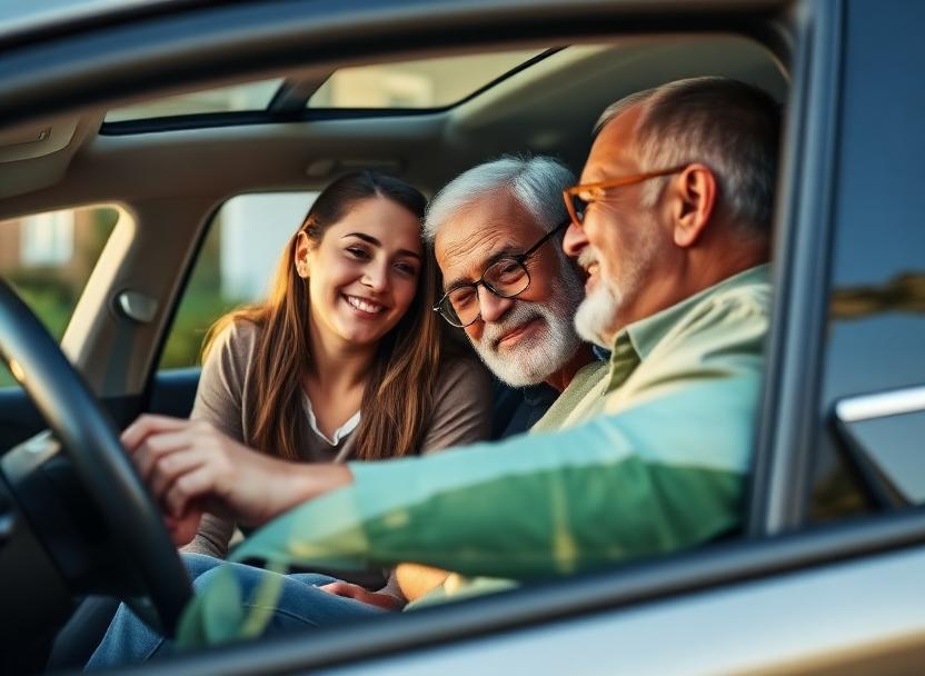 Adult daughter helping her elderly father into a car