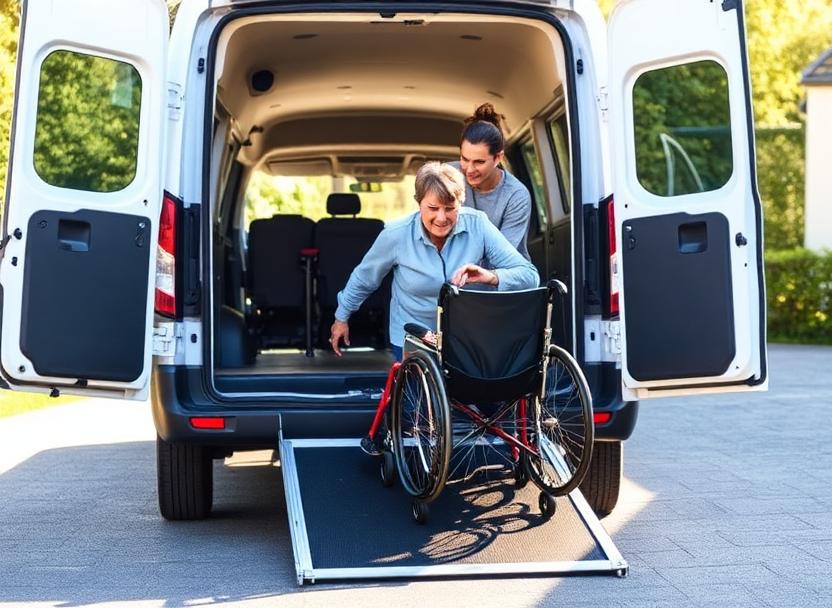 Caregiver assisting a wheelchair user up a van ramp